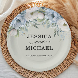 Elegant Stoffig Blauw Ivoor Bloemen Salie Groen Papieren Bordje