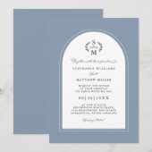 Elegant Stoffig Blauw Kalligrafie Crest Arch Bruil Kaart (Voorkant / Achterkant)