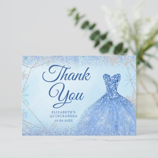 Elegant Stoffig Blauw Kerstmis Sneeuwvlok Mis Quin Bedankkaart (Staand voorkant)