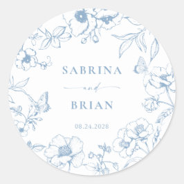 Elegant Stoffig Blauw Klassiek Bloemen Bruiloft Ronde Sticker