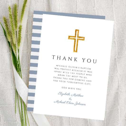 Elegant Stoffig Blauw Kruis Jongen Doop Bedankkaart