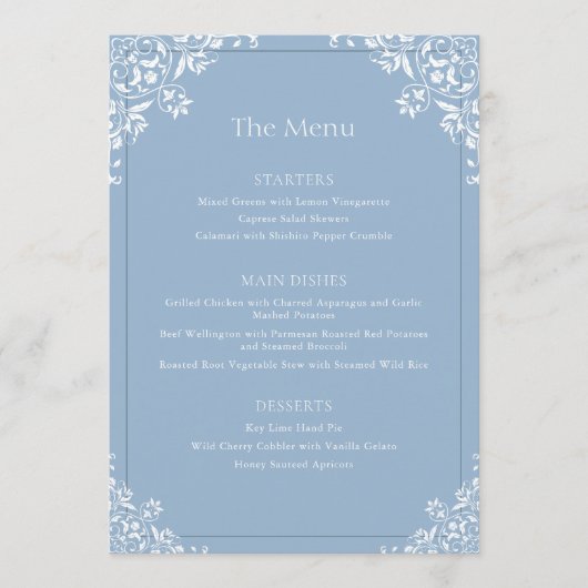 Elegant stoffig blauw Lijst bruiloft menu (Voorkant)