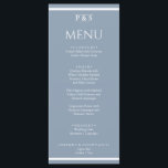Elegant Stoffig Blauw Minimaal Monogram Diner Brui Menu<br><div class="desc">Een marineblauw en wit elegant minimalistisch chic lichtblauw bruiloft diner menu. Wat chique sjabloon ontwerp van stoffige blauwe achtergrond en witte typografie. En een monogram voor initialen bovenaan en witte strepen onderaan en bovenaan.</div>