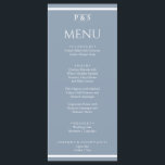Elegant Stoffig Blauw Minimaal Monogram Diner Brui Menu<br><div class="desc">Een marineblauw en wit elegant minimalistisch chic lichtblauw bruiloft diner menu. Wat chique sjabloon ontwerp van stoffige blauwe achtergrond en witte typografie. En een monogram voor initialen bovenaan en witte strepen onderaan en bovenaan.</div>