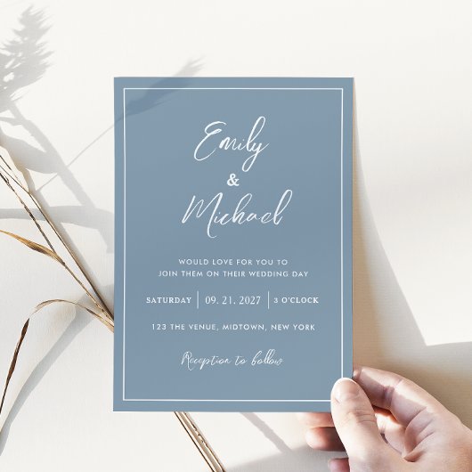 Elegant Stoffig Blauw Minimale Kalligrafie Bruilof Kaart