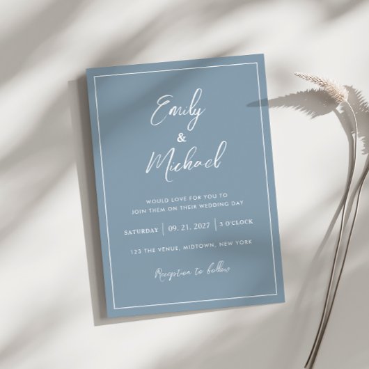 Elegant Stoffig Blauw Minimale Kalligrafie Bruilof Kaart