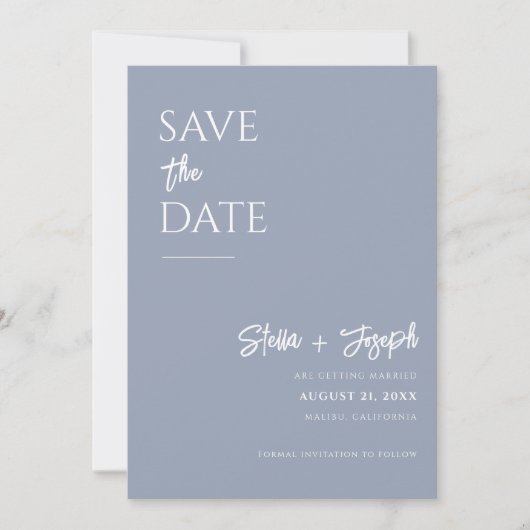 Elegant stoffig blauw modern boho chique foto brui save the date (Voorkant)