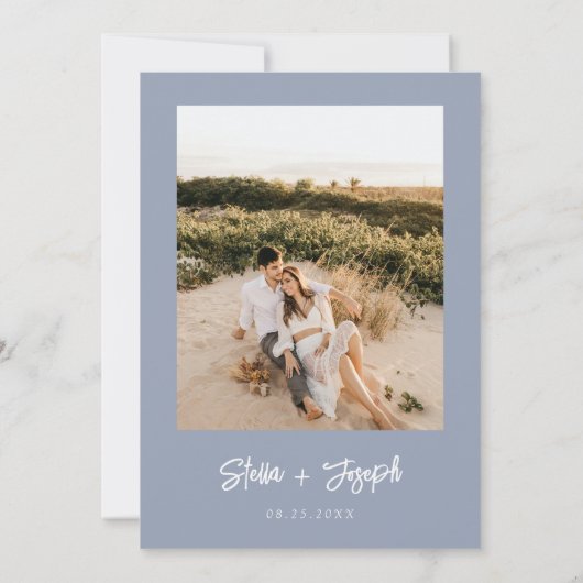Elegant stoffig blauw modern boho chique foto brui save the date (Achterkant)