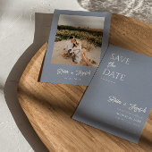 Elegant stoffig blauw modern boho chique foto brui save the date