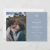 Elegant Stoffig Blauw Monogram Eenvoudige Foto Bru Kaart (Voorkant)