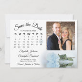 Elegant Stoffig Blauw Roos Kalender & Foto Bruilof Save The Date (Voorkant)
