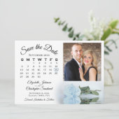 Elegant Stoffig Blauw Roos Kalender & Foto Bruilof Save The Date (Staand voorkant)
