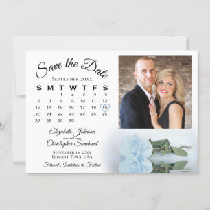 Elegant Stoffig Blauw Roos Kalender & Foto Bruilof Save The Date