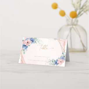 Elegant stoffig blauw roze waterverf bloemengoud plaatskaartje