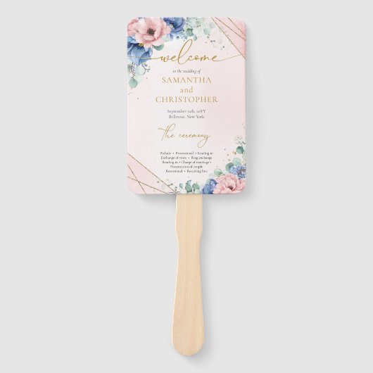 Elegant stoffig blauw roze waterverf bloemenprogra handwaaier (Voorkant)