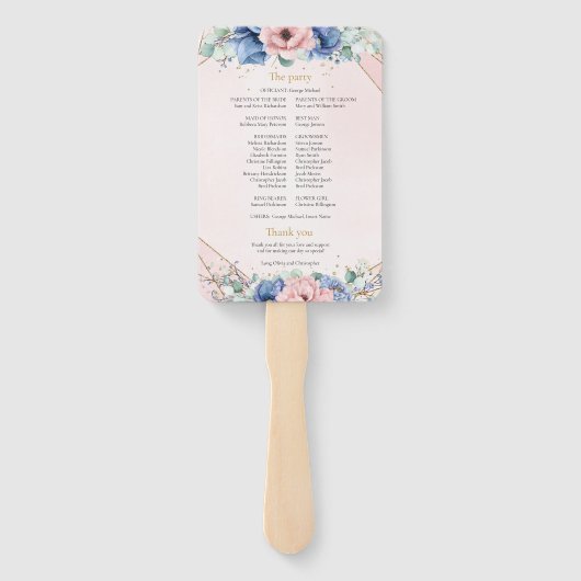 Elegant stoffig blauw roze waterverf bloemenprogra handwaaier (Achterkant)