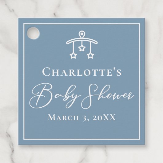 Elegant stoffig blauw Speelgoed mobiel Baby shower Bedankjes Labels (Voorkant)