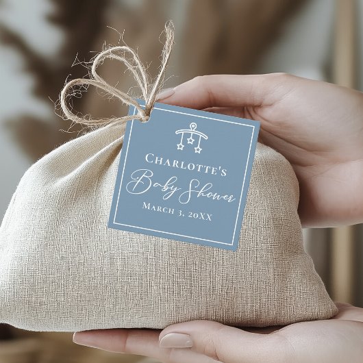 Elegant stoffig blauw Speelgoed mobiel Baby shower Bedankjes Labels