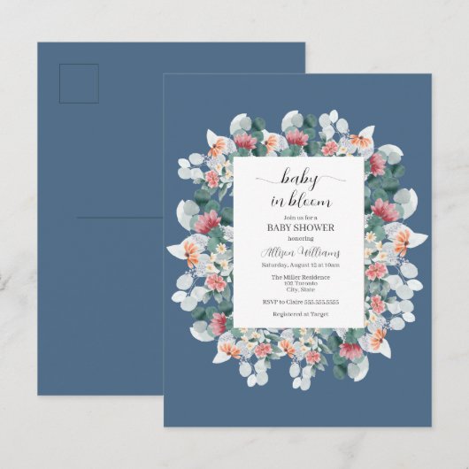 Elegant stoffig blauw waterverf baby shower uitnodiging briefkaart (Voorkant / Achterkant)