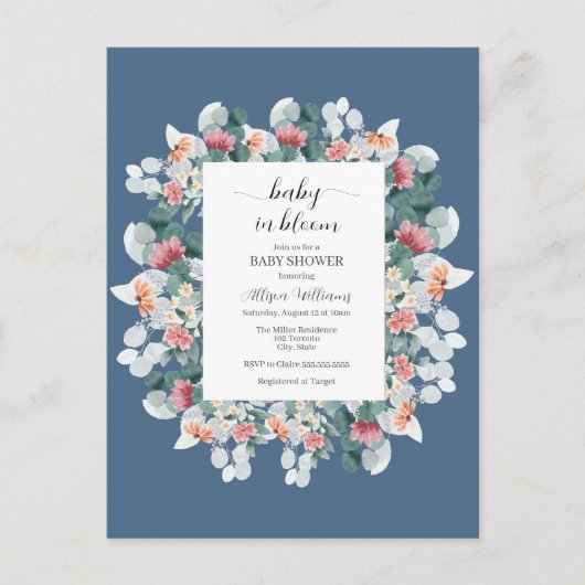 Elegant stoffig blauw waterverf baby shower uitnodiging briefkaart (Voorkant)