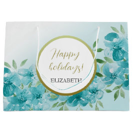 Elegant Stoffig Blauw Waterverf Bloemen Monogramme Groot Cadeauzakje