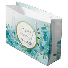 Elegant Stoffig Blauw Waterverf Bloemen Monogramme Groot Cadeauzakje