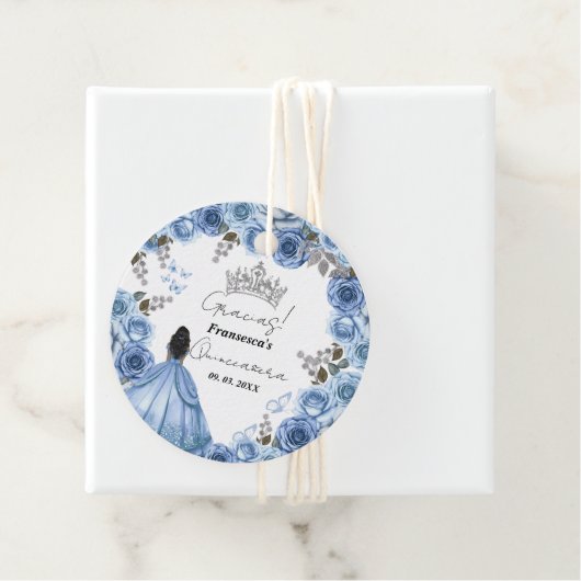 Elegant Stoffig Blauw Waterverf Bloemen Quinceañer Bedankjes Labels (In situ)