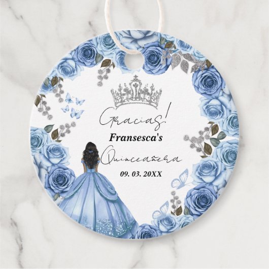 Elegant Stoffig Blauw Waterverf Bloemen Quinceañer Bedankjes Labels (Voorkant)