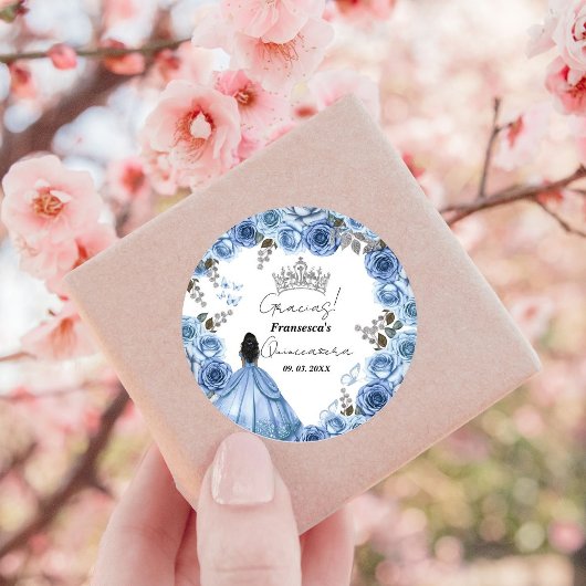 Elegant Stoffig Blauw Waterverf Bloemen Quinceañer Ronde Sticker