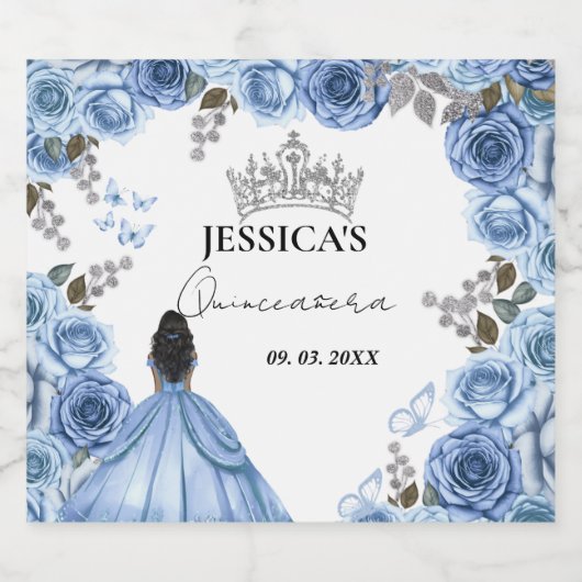Elegant Stoffig Blauw Waterverf Bloemen Quinceañer Sparkling Wijnetiket (Enkel label)