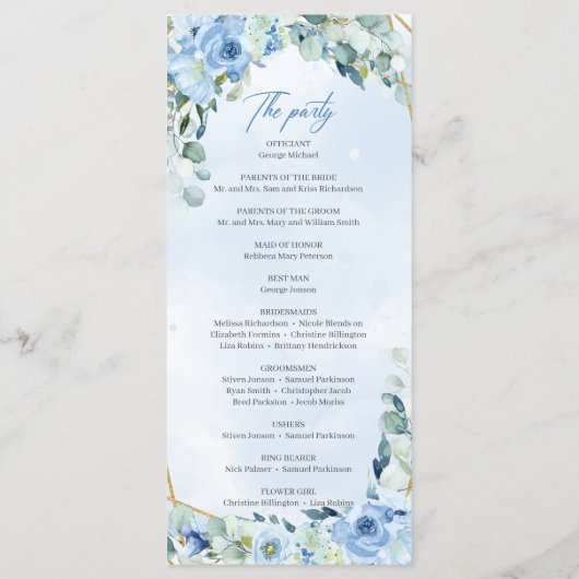 Elegant stoffig blauw waterverf bloemengoud lijst programmakaart (Achterkant)