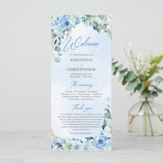 Elegant stoffig blauw waterverf bloemengoud lijst programmakaart (Staand voorkant)