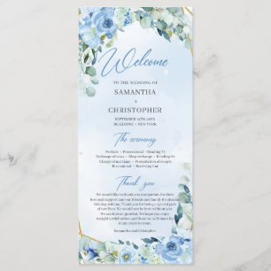 Elegant stoffig blauw waterverf bloemengoud lijst programmakaart