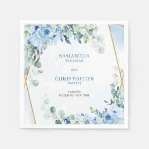 Elegant stoffig blauw waterverf bloemengoud lijst servet