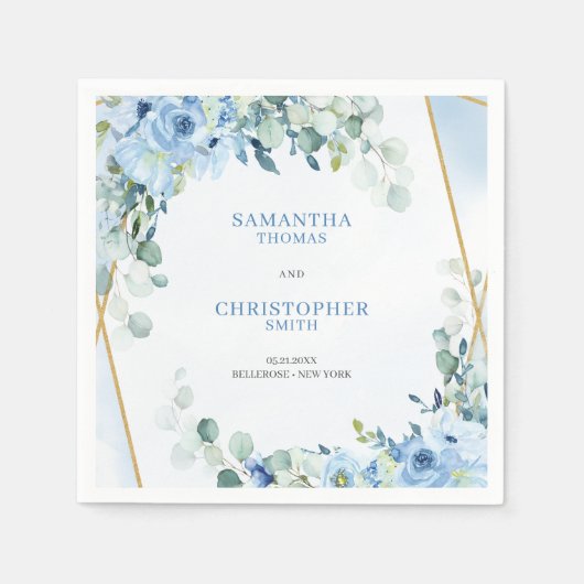 Elegant stoffig blauw waterverf bloemengoud lijst servet (Voorkant)