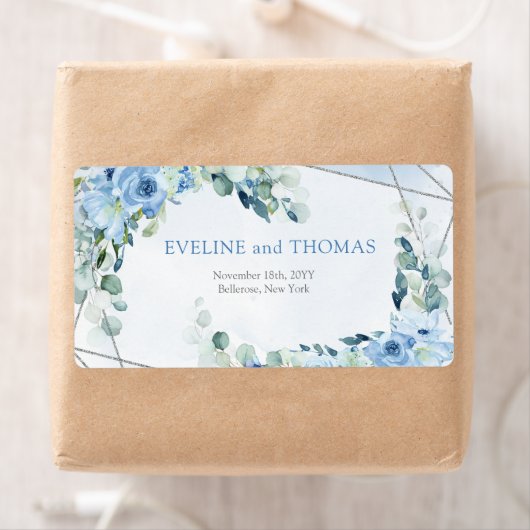 Elegant stoffig blauw waterverf bloemenzilver lijs etiket (Insitu)