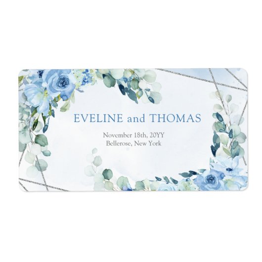 Elegant stoffig blauw waterverf bloemenzilver lijs etiket (Voorkant)