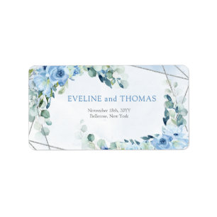 Elegant stoffig blauw waterverf bloemenzilver lijs etiket