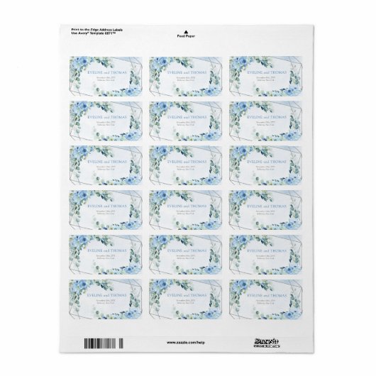 Elegant stoffig blauw waterverf bloemenzilver lijs etiket (Full Sheet)