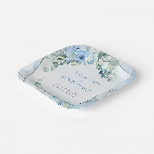 Elegant stoffig blauw waterverf bloemenzilver lijs papieren bordje (Gebogen)