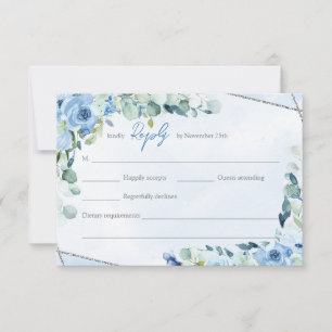Elegant stoffig blauw waterverf bloemenzilver lijs RSVP kaartje