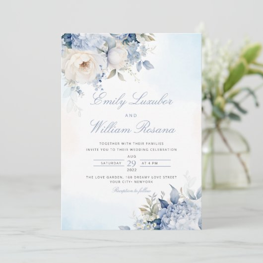 Elegant Stoffig Blauw Waterverf Boho Bloemen Bruil Kaart (Staand voorkant)