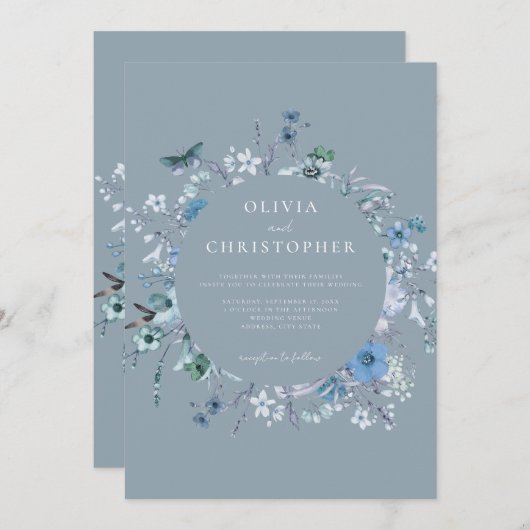 Elegant Stoffig Blauw Wildbloem Bloemen Bruiloft Kaart (Voorkant / Achterkant)