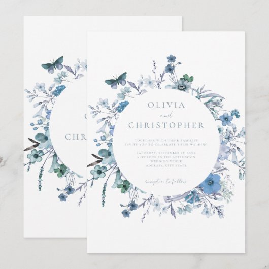 Elegant Stoffig Blauw Wildbloem Bloemen Bruiloft Kaart (Voorkant / Achterkant)