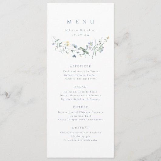 Elegant Stoffig Blauw Wildbloem Rustiek Boho Bruil Menu (Voorkant)