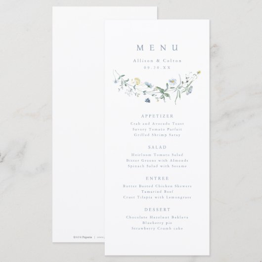 Elegant Stoffig Blauw Wildbloem Rustiek Boho Bruil Menu (Voorkant / Achterkant)