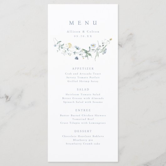 Elegant Stoffig Blauw Wildbloem Rustiek Boho Bruil Menu (Voorkant)