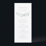 Elegant Stoffig Blauw Wildbloem Rustiek Boho Bruil Menu<br><div class="desc">Elegant delicaat waterverf wildflower ontwerp,  met op maat uw eigen gegevens. Pastel paletten van zacht geel,  gebroken wit,  salie groen,  stoffig blauw,  en botanisch groen,  eenvoudig en romantisch. Geweldige bloemenhuwelijksmenu's voor moderne rustieke bruiloft,  country tuin bruiloft en boho bruiloft in de lente en zomer.</div>
