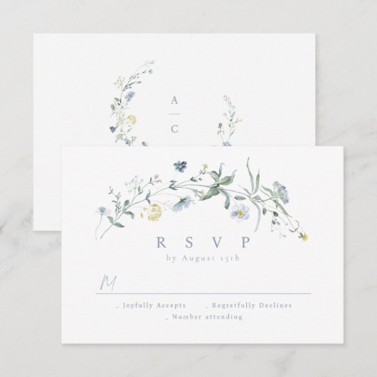 Elegant Stoffig Blauw Wildbloem Rustiek Boho Bruil RSVP Kaartje (Voorkant / Achterkant)