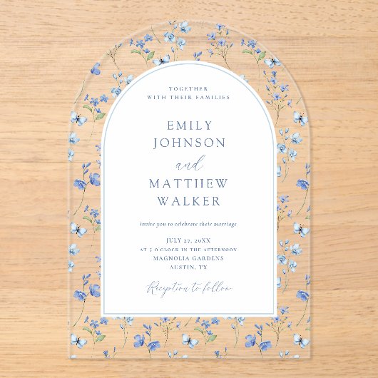 Elegant  Stoffig Blauw Wildflower Bruiloft Acryl Uitnodigingen (Voorkant)